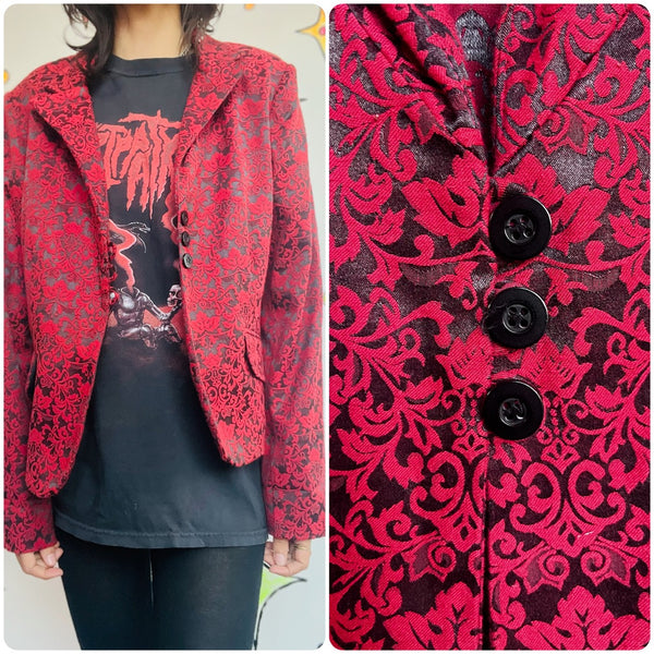 Y2K Red Baroque Damask Jacket Whimsy Goth Vampire Gothic Punk Statement Blazer L