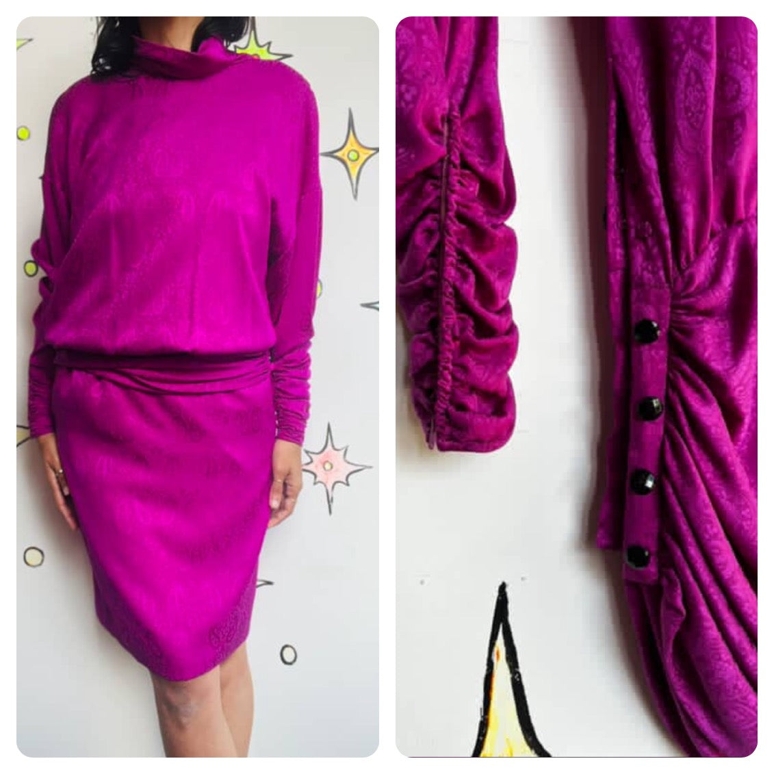 Vintage 1980s Glam Emanuel Ungaro Silk Fuchsia Paisley Ruched Dress Set - Small