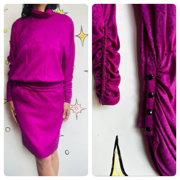 Vintage 1980s Glam Emanuel Ungaro Silk Fuchsia Paisley Ruched Dress Set - Small