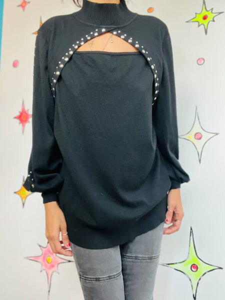 Y2K Indie Sleaze Emo Goth Black Oversized Sweater w/ Studs |. Statement Sleeves