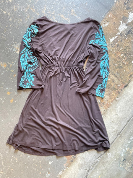Y2K Brown and Blue Tattoo Print Mini Dress – Embroidered Boho Fairy Grunge S