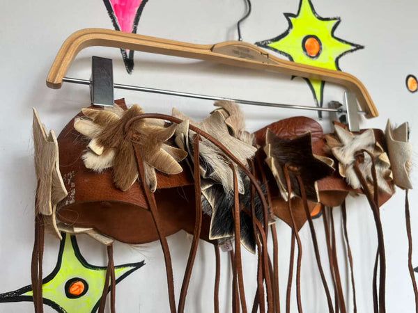 Vintage Brown Leather & Cowhide Fringe Belt w Star Patches Western Boho Grunge