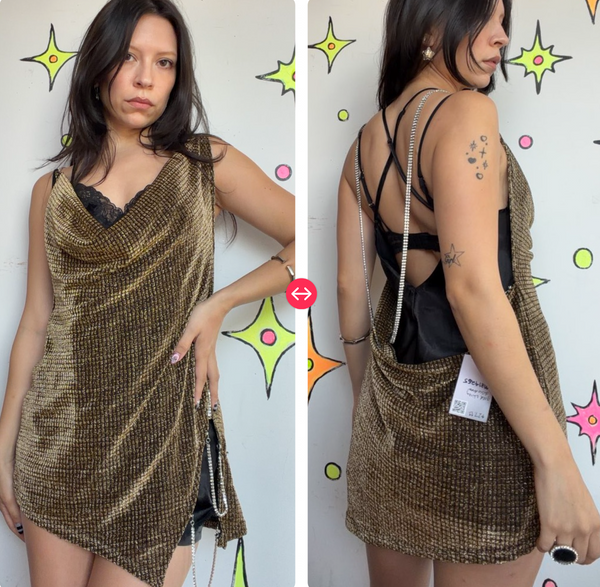 Metallic Gold Slinky Disco Dress Glam Cowl Neck Rhinestone Strap Party S/M
