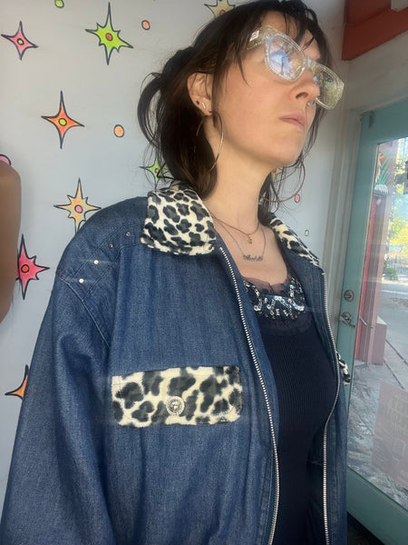 80s Denim Jacket with Leopard Trim | Boho Grunge Studded Jean Jacket – L