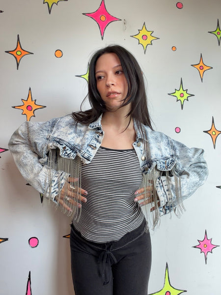 Acid Wash Cropped Denim Jacket | Y2K Bling Western Grunge Jean Jacket Small