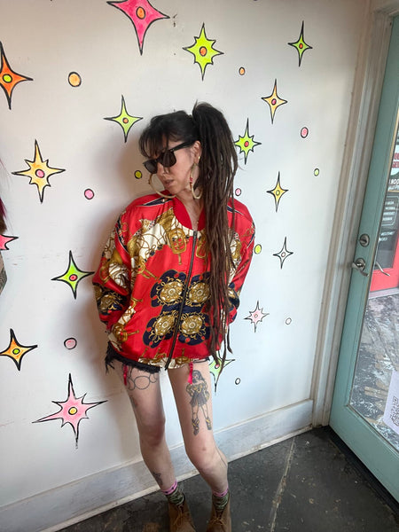 Vintage 80s Red Baroque Bomber Jacket Regal Scarf Print Statement Coat XL+