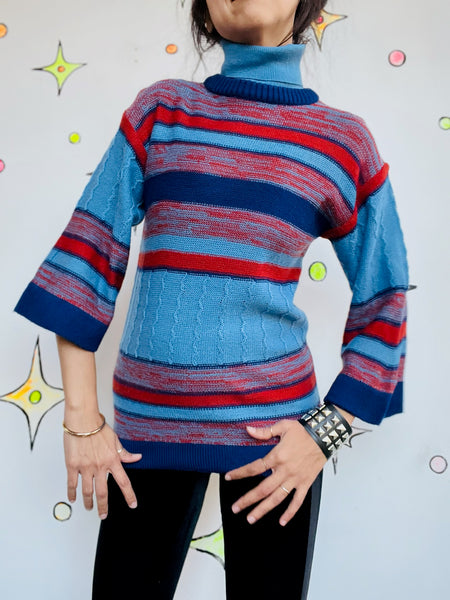 Vintage 70s Blue Turtleneck Striped Pullover Sweater Chunky Grunge Boho Retro S