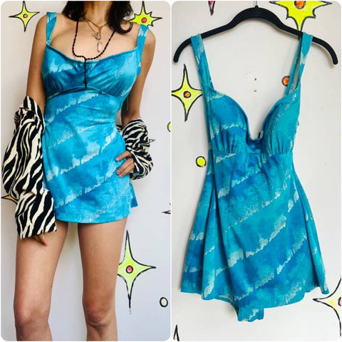 Vintage 60s 70s | Blue Mermaid Skirted One Piece Swimsuit Mini Dress | Size L