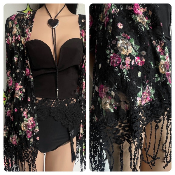 Y2K Black Lace Fringe Top | Whimsy Goth Boho Western Fairy Duster Blouse ML