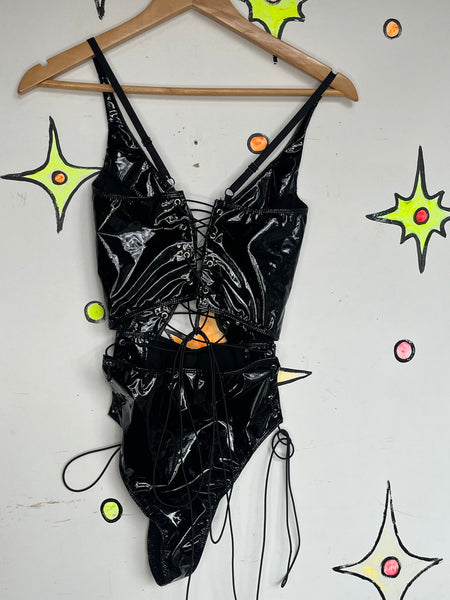 Glossy Black Vinyl Lace Up Teddy Vamp Goth Harness Bodysuit Wet Look S/M