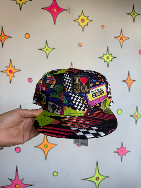 Retro 80s Party Baseball Cap Cassette Tape Rubix Cube Novelty Hat Pop Art