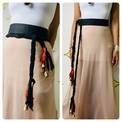 Vintage Black & Red Moroccan Berber Boho Belt – Bells & Tassels – Waist Sash