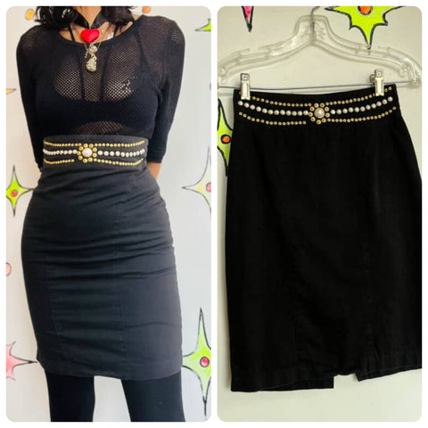 Vintage 80s High-Waisted Black Pencil Skirt Pearl Embellished - Whimsy Goth XS