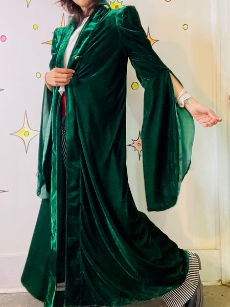 Emerald Green Velvet Goth Robe Witch Sorceress Bell Sleeve Fairy Grunge Goddess