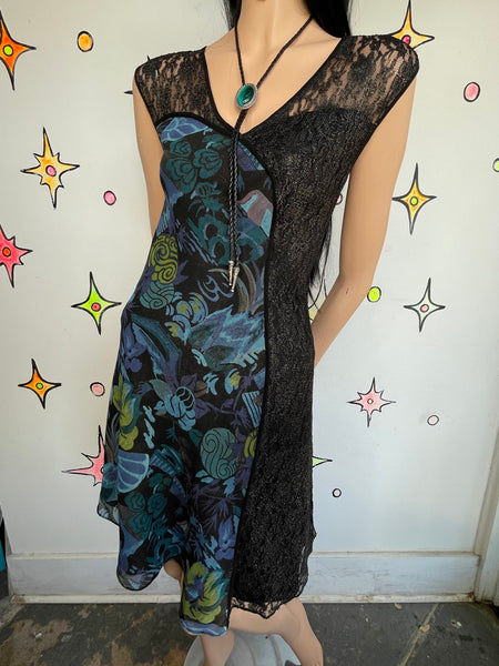 Y2K Lace Asymmetrical Dress | Black Teal Fairy Grunge Whimsy Goth Midi Dress M