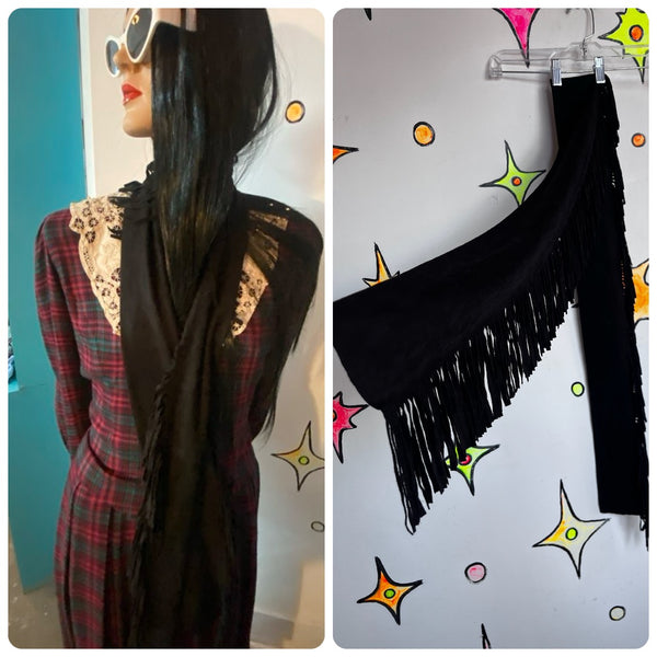 Vintage Sheer Black Fringe Shawl - Western Boho Grunge Witchy Goth Wrap Scarf