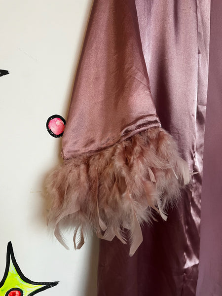 Vintage Pink Satin Feather Trim Boudoir Robe – Old Hollywood Glam Lingerie – M