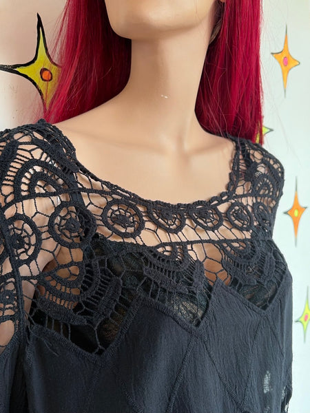 Vintage Black Crochet Mini Dress or Top Cotton Whimsy Goth Boho Grunge - M