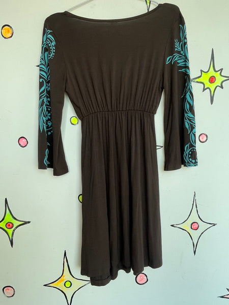 Y2K Brown and Blue Tattoo Print Mini Dress – Embroidered Boho Fairy Grunge S