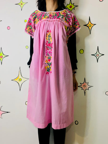 Vintage Boho Oaxacan Mexican Pink Huipil Dress - Hand Embroidered Floral M/L