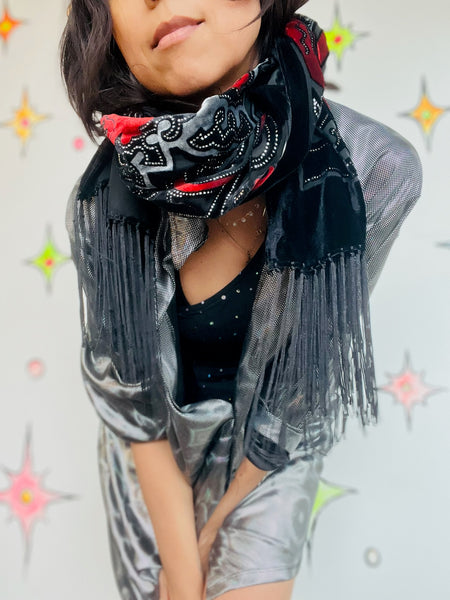 Vintage Black & Red Velvet Fringe Shawl Western Boho Flapper Witchy Goth Scarf