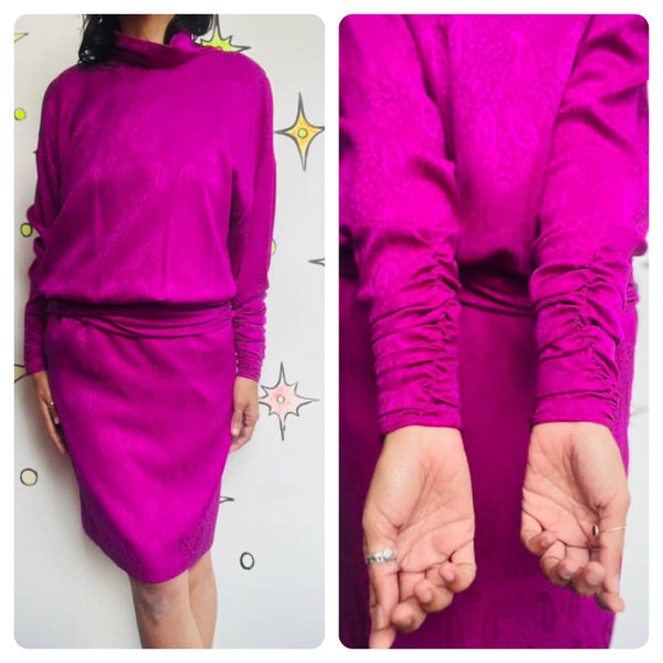 Vintage 1980s Glam Emanuel Ungaro Silk Fuchsia Paisley Ruched Dress Set - Small