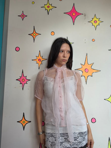 Pastel Pink Organza Sheer Bow Blouse Dollcore Victorian Balletcore Fairy Top M
