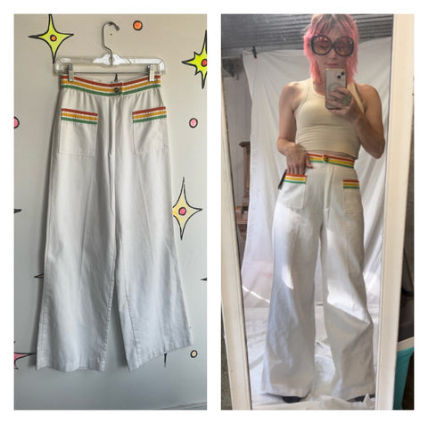 Vintage 60s 70s | White Rainbow Stripe MOD Groovy Bellbottoms | Size S