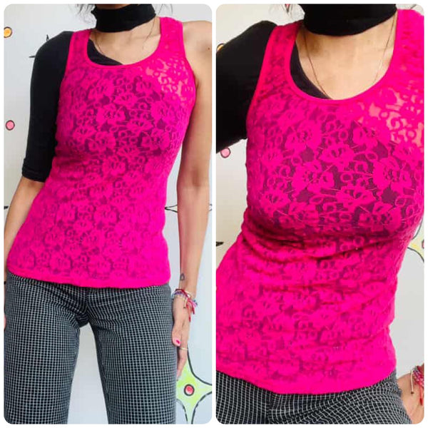 Vintage 90s | Hot Pink Lace Sheer Coquette Fairy Grunge Camisol Blouse Top | S M