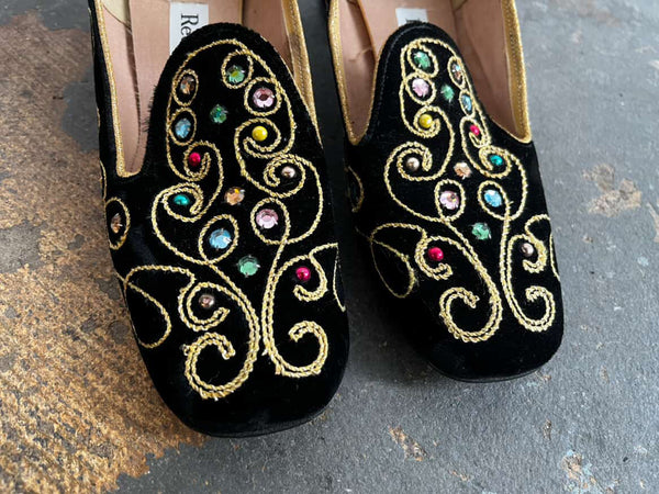 Vintage 80s Rainbow Jeweled Party Loafers - Regal Velvet Statement Pumps - 7.5/8