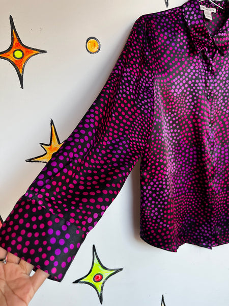 Vintage 90s Y2K Cyber Goth Grunge Abstract Optical Illusion Print Glam Blouse L