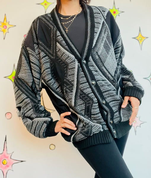 Vintage 90s Y2K Coogi-Style Boho Grunge Cardigan Sweater – Gray & Black - S