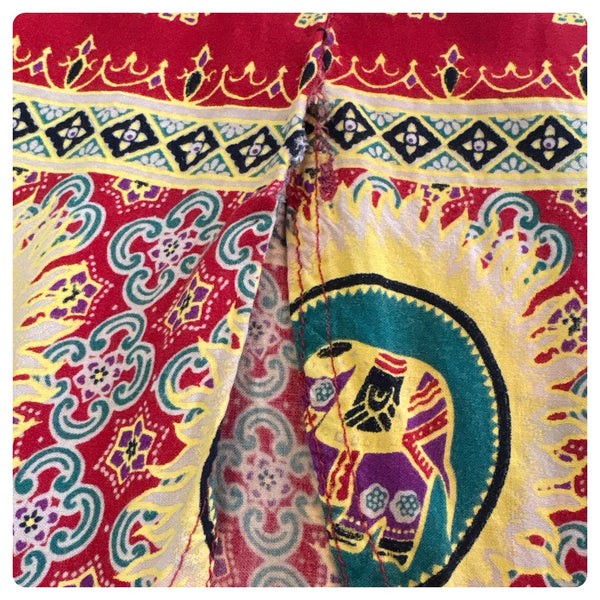 Vintage Red Boho Grunge Exotic Elephant Print Maxi Skirt - Back Slit - Small