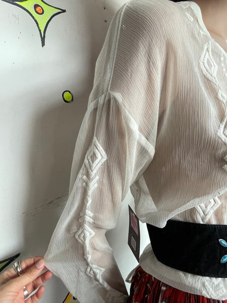 White Sheer Western Boho Embroidered Blouse Top Oversized Layering Piece XL