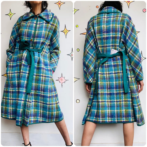 Vintage 1960s | Sills Bonnie Cashin Tartan Boucle Cape Leather Trim