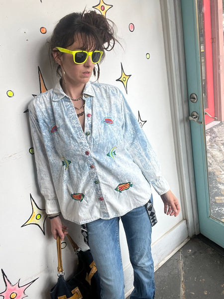 Vintage 80s Acid Wash Rainbow Fish T-Shirt MTO Maximalist Cotton Tee S