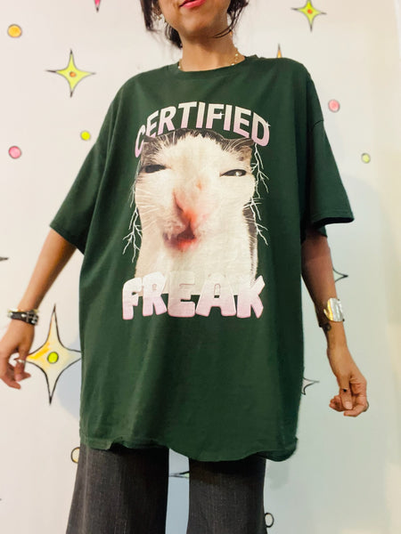 90s Y2K Certified Freak Kitty Cat Funny Graphic Tee Green 2XL