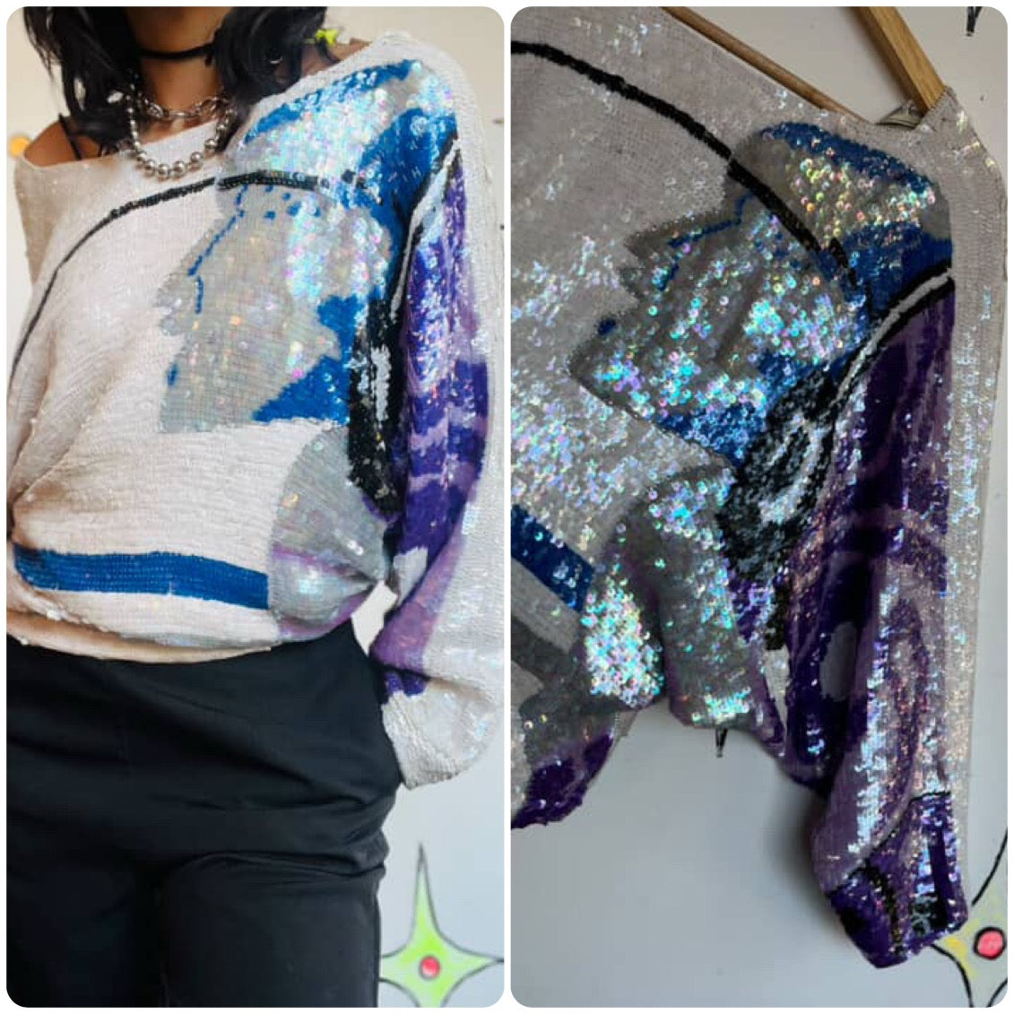 Vintage 80s Disco Glam Fully Sequin Silk Wearable Art Dolman Bat Wing Blouse M/L