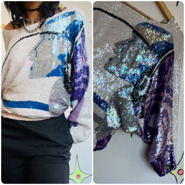 Vintage 80s Disco Glam Fully Sequin Silk Wearable Art Dolman Bat Wing Blouse M/L