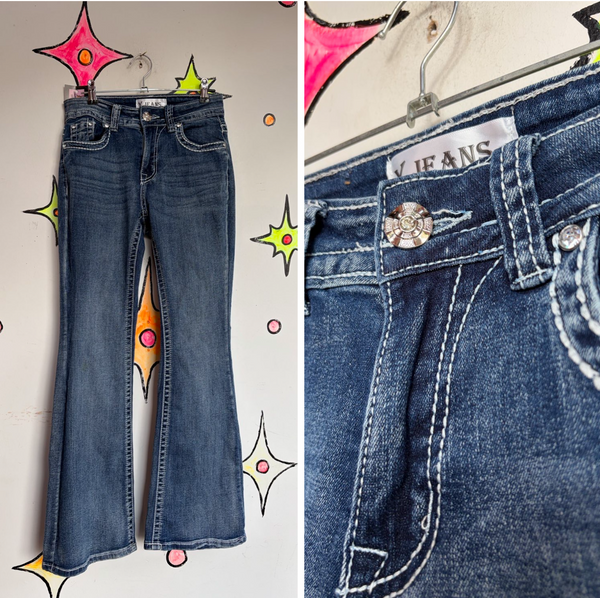 Y2K Low Rise McBling Rhinestone Embellished 2000s Glam Baddie Denim Flares S