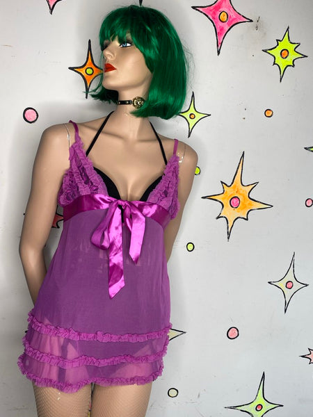 Fuchsia Pink Lace Babydoll Slip Dress Fredericks of Hollywood Y2K L