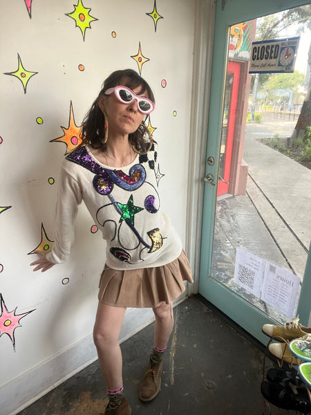 80s Pop Art Sweater Avant Garde Beaded Wearable Art Ramie Cotton Knit S