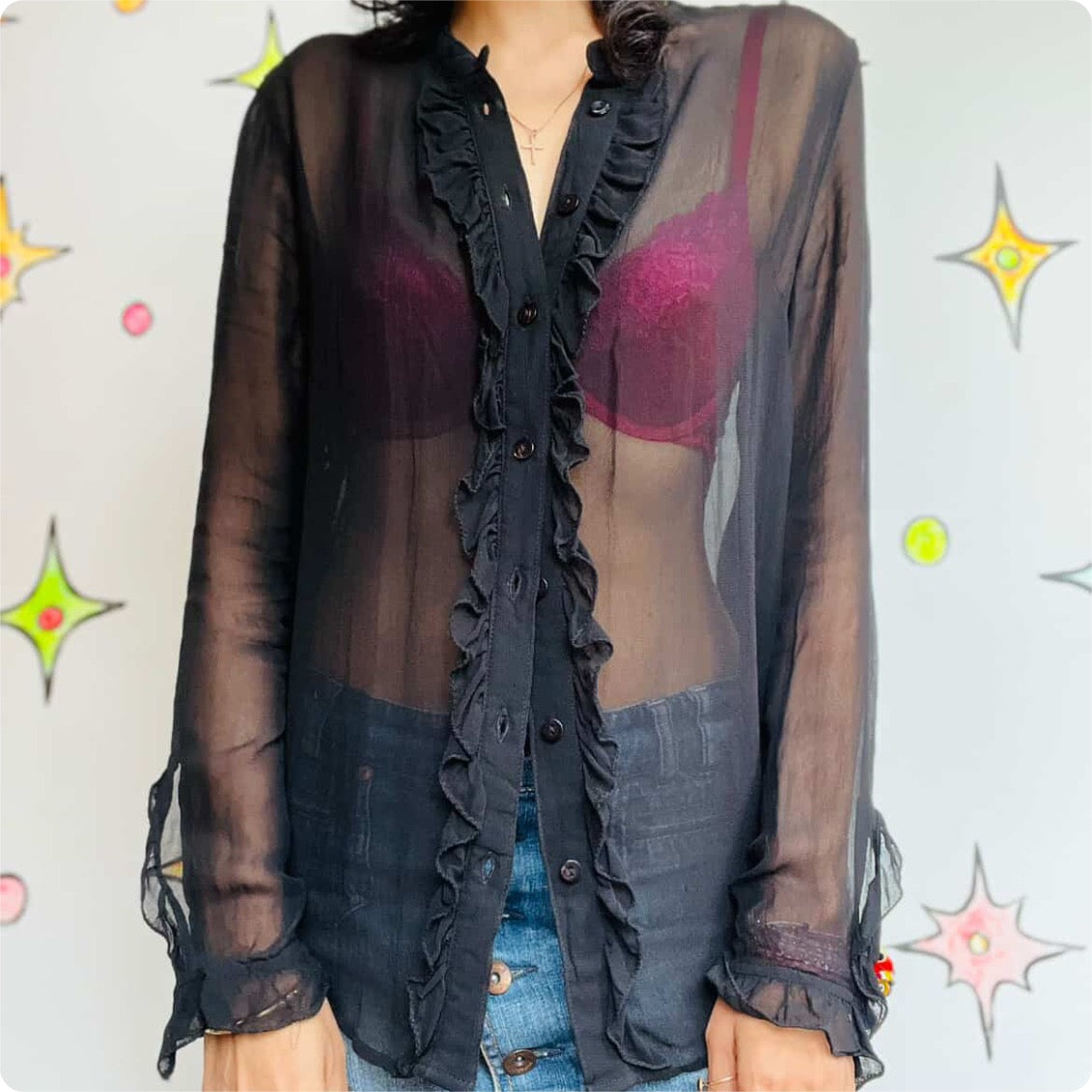 Vintage Y2K Black Sheer Ruffled Lace Babydoll Top – Goth Coquette Fairy Grunge