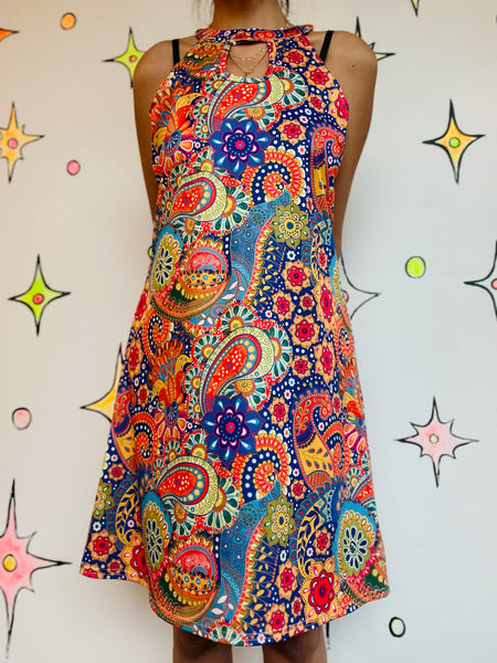 Retro 60s 70s Mod GoGo Psychedelic Rainbow Paisley Mini Party Dress - M/L