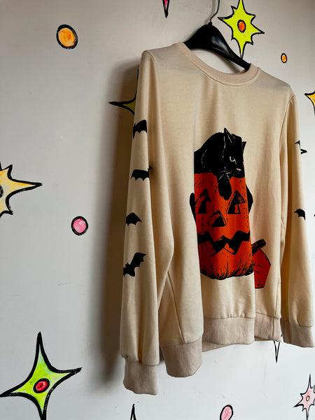 Vintage Halloween Sweater Witchy Black Cat and Pumpkin Size M