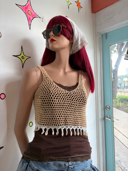 90s Beige Crochet Mermaidcore Crop Top Embellished Shells Fairy Grunge Boho S