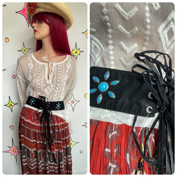 Black Fringe Western Goth Faux-Turquoise Vegan Suede Wrap Belt S/M