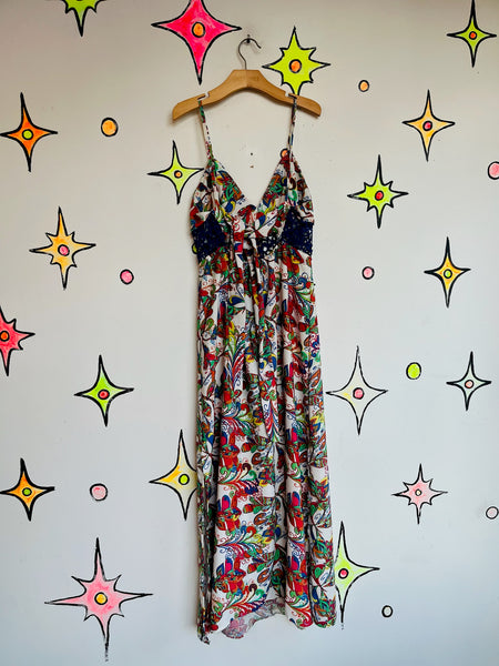Retro 90s does 70s Rainbow Psychedelic Groovy Floral Maxi Dress S/M
