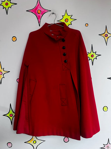 Vintage 60s Cherry Red Cape Coat | Heavy Warm Wool Feel Cloak | Mod Swing Cape
