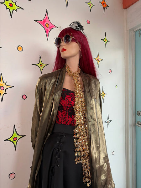 Vintage 80s Metallic Gold Oversized Blazer Shirt Disco Glam Goth Shrug Top XL+